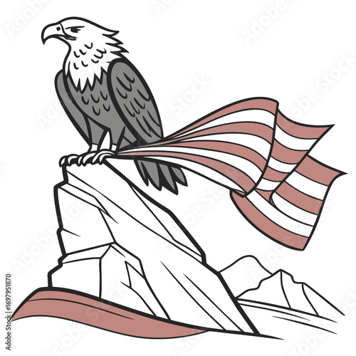 Majestic bald eagle perched on rocky outcrop with waving american flag tail feathers symbolizing freedom