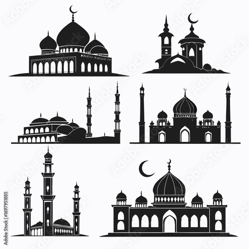 Collection of silhouette islamic mosques and minarets with domes and crescent moon symbols