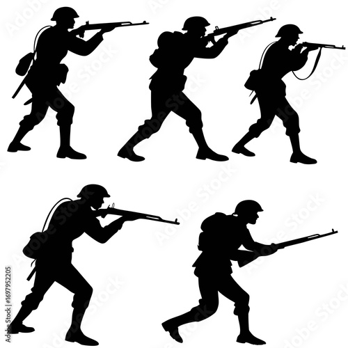 Silhouettes of soldiers in uniform holding rifles and advancing in various combat poses