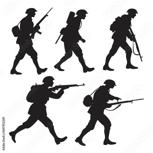 Silhouette of soldiers in uniform with rifles and backpacks in various poses