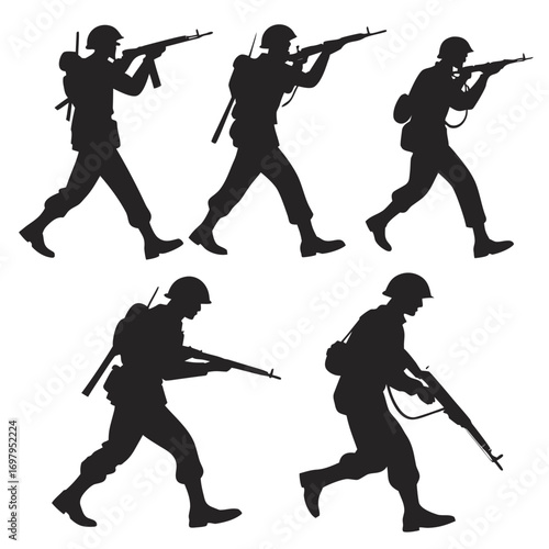 Silhouettes of soldiers in uniform with rifles in various action poses on a white background