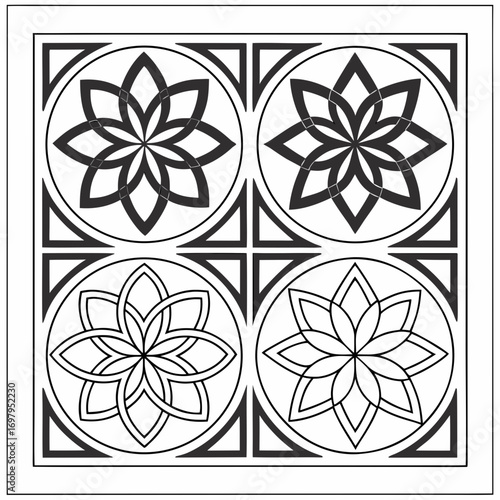 Geometric floral pattern with four stylized lotus flower designs within circles and squares