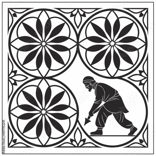 Ancient man silhouette digging with a tool within a decorative circular frame and floral motifs