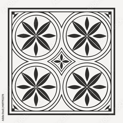 Geometric pattern with circular floral motifs and central diamond shape in black and white