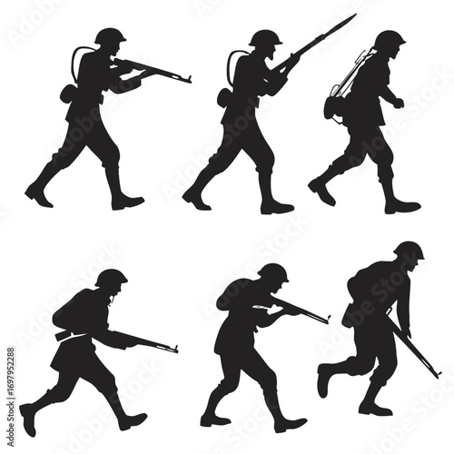 Silhouette of soldiers in uniform with rifles in various poses of movement and combat
