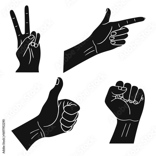 Collection of four black silhouette hand gestures including peace sign pointing finger thumbs up and fist