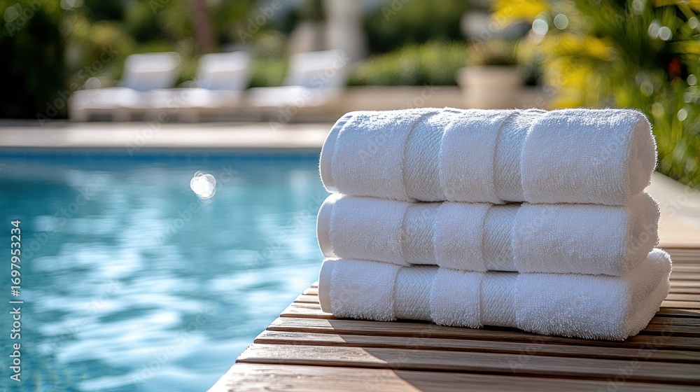 Obraz premium White towels stacked by a pool