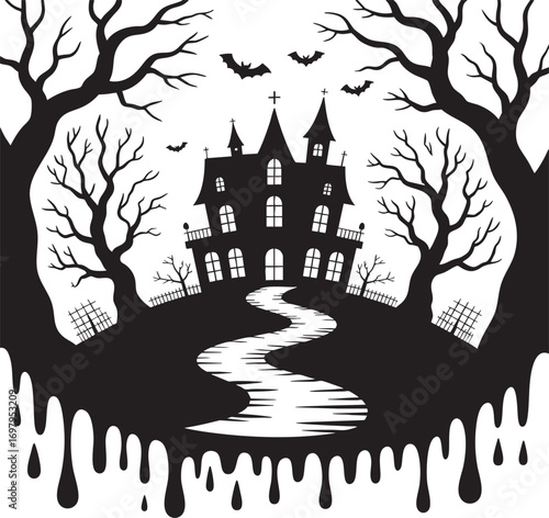 A captivating black and white silhouette of a haunted house nestled within a spooky forest under a full moon.