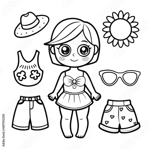 Cute Cartoon Girl Summer Outfit Coloring Page with Beach Accessories