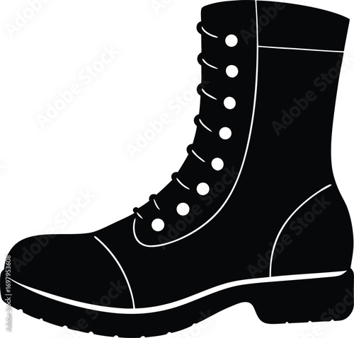Black Military Boot Silhouette On White Background