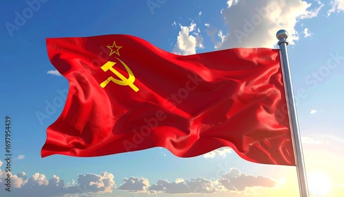 Red flag with a yellow hammer and sickle emblem flies against a blue, sunny sky