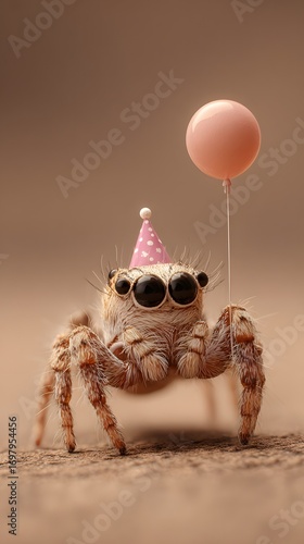 A Spider Wearing a Party Hat and Holding a Balloon