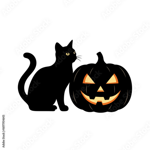 Black cat sits beside a spooky jack o lantern pumpkin