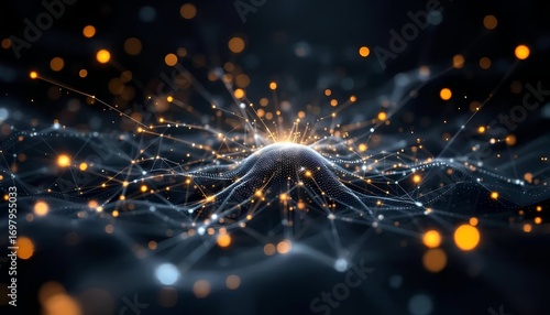 Abstract digital network glowing with interconnected data points, illustrating complex information flow and advanced processing, symbolizing intelligence