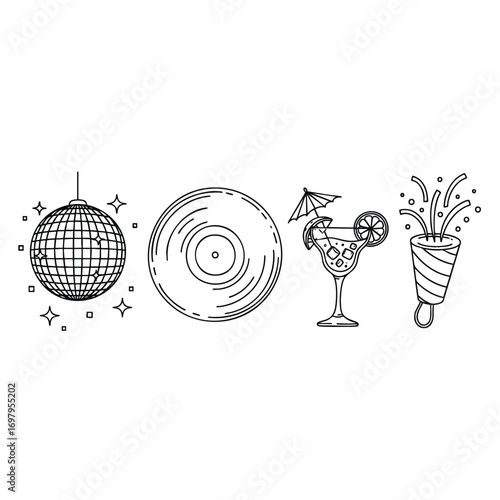 A collection of handdrawn party icons including a disco ball vinyl record cocktail and popper.
