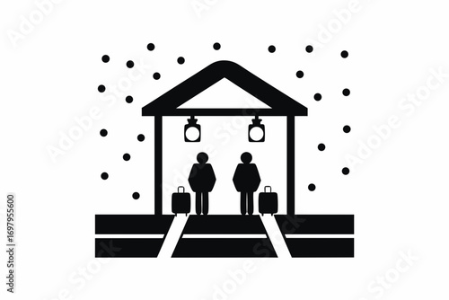 Snow-covered train station with glowing lights, people waiting with luggage, winter travel vector illustration