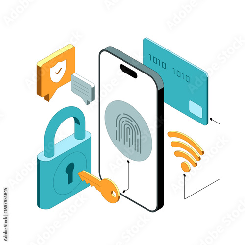 Vector isometric illustration related to cybersecurity, personal data protection, payment and purchase safety. Modern flat illustration for website or mobile app