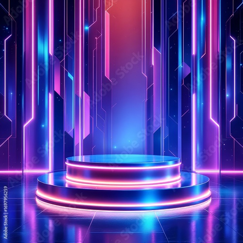 Neon Cyberpunk Podium Futuristic Stage with Glowing Lights and Reflective Surface