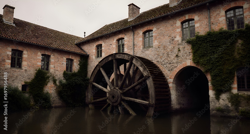 Obraz premium Abandoned Mill Complex with Water Wheel