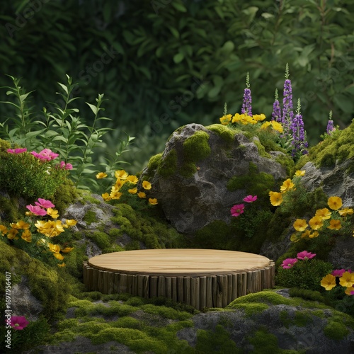 Wooden podium surrounded by lush greenery, featuring rocks, flowers, and plants. Perfect for product displays, presentations, and showcasing items within a natural setting