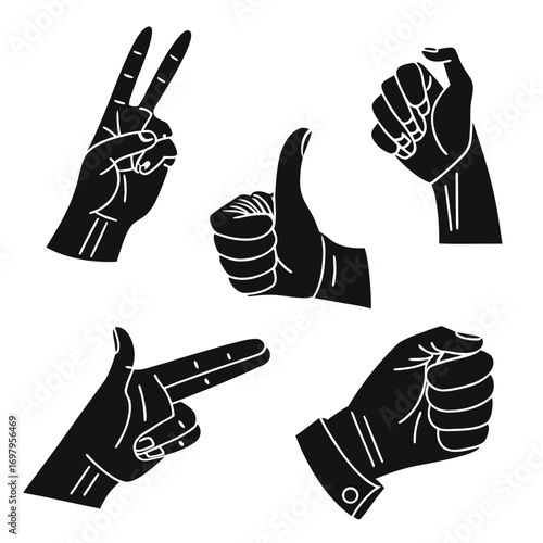 A set of hand gestures in black and white, including a peace sign, a thumbs up, a fist, a pointing hand, and a hand making a pinching gesture