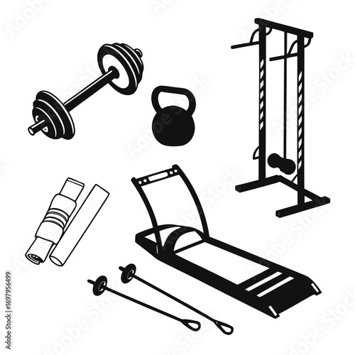 A collection of fitness equipment, including a barbell, kettlebell, treadmill, and other gym essentials for a complete workout routine