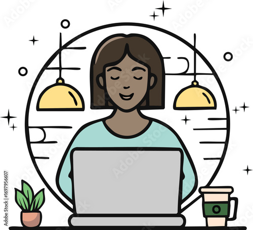 woman doing remote job with laptop and coffee dark tan skin women working digital nomad