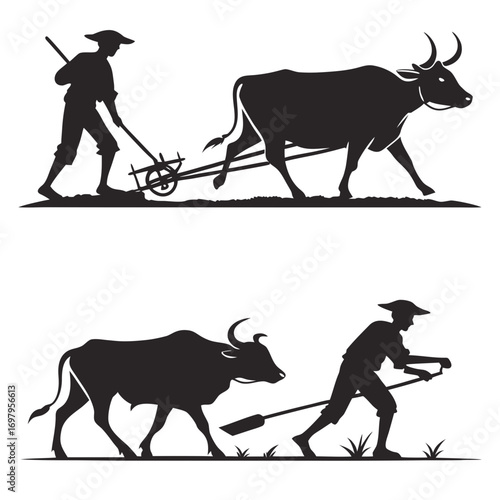Silhouette illustration of a farmer plowing a field with an ox, showcasing traditional agricultural practices and the symbiotic relationship between humans and animals