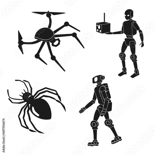 A collection of futuristic elements featuring a spiderlike drone, a humanoid robot holding a control box, a robotic figure in a suit, and a spider