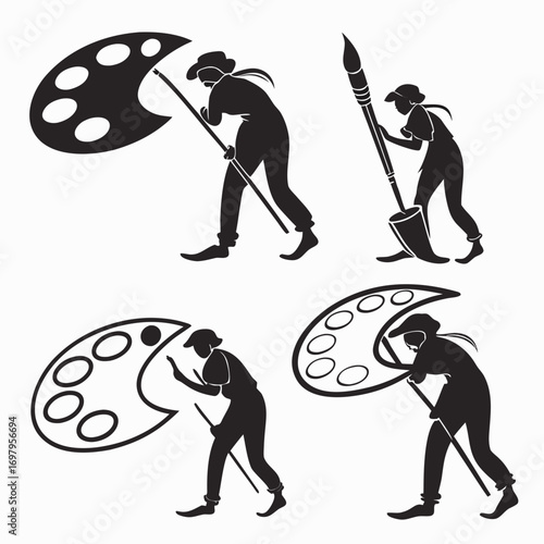 Four artist silhouettes with palette and brush the artist is a creative person who uses their imagination to create art and express themselves