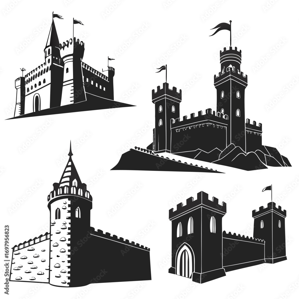Naklejka premium A captivating collection of castle silhouettes, , evokes a sense of history and grandeur each structure stands as a testament to architectural prowess and timeless design