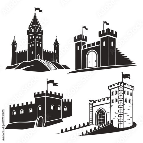 A set of four distinct castle illustrations, each with unique architectural elements and designs, these castles represent various historical periods and styles