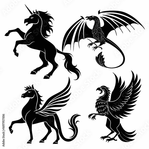 Heraldic creatures set featuring a unicorn, dragon, pegasus and griffin in black silhouette, ideal for fantasy themes and historical illustrations