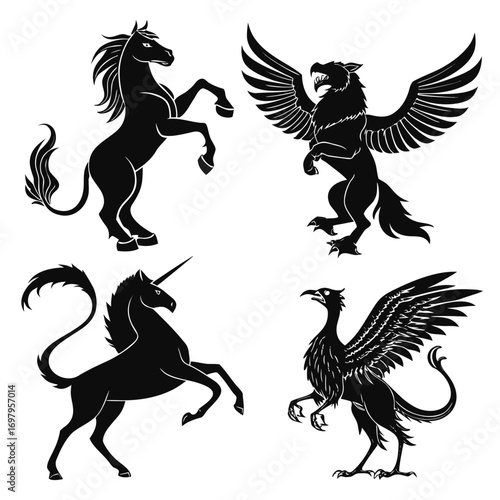 Heraldic beasts set featuring a horse, griffin, unicorn and harpy in black silhouette, perfect for medieval fantasy or heraldry designs and illustrations
