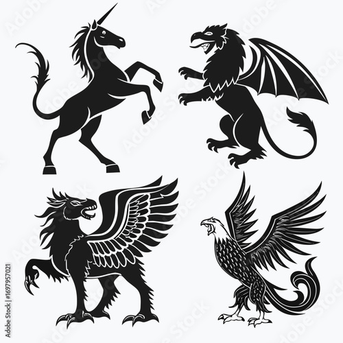A heraldic set featuring a unicorn, griffin, and eagle, all rendered in a bold, black silhouette against an, evoking a sense of medieval fantasy and power