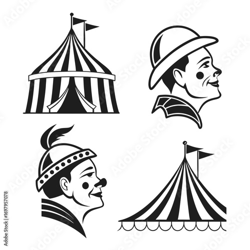 Circus theme design elements set of vector illustrations featuring a circus tent and clown head profiles, perfect for vintage circus or carnival designs