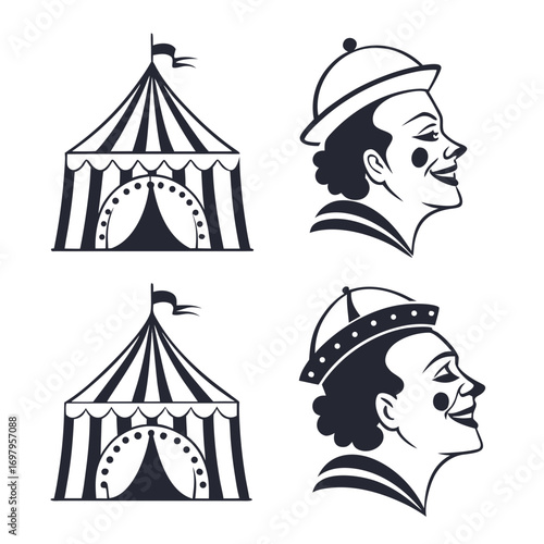 Vintage circus theme design elements set of vector illustrations featuring a circus tent and clown head profiles, perfect for carnival designs