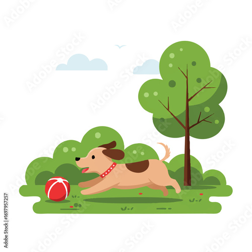 A cute playful dog joyfully chases a red ball in a vibrant green park with a tree in the background, presented as a charming flat 2D vector illustration on a clean white background.