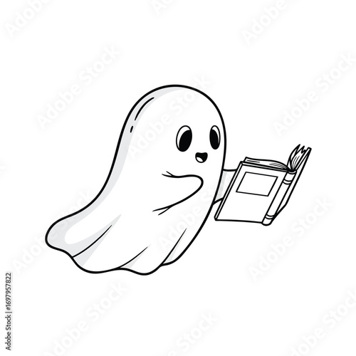 A cute cartoon ghost character happily reading an open book black and white line art illustration.