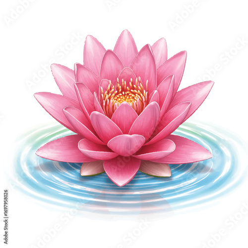 A serene and realistic 2D vector illustration depicts a beautiful lotus flower gracefully floating on water, surrounded by gentle, calming ripples on a pristine white background.