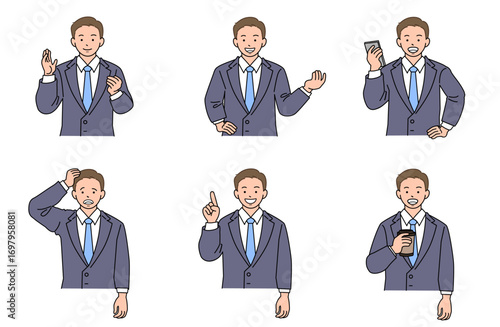 Young man in suit upper body gesture set