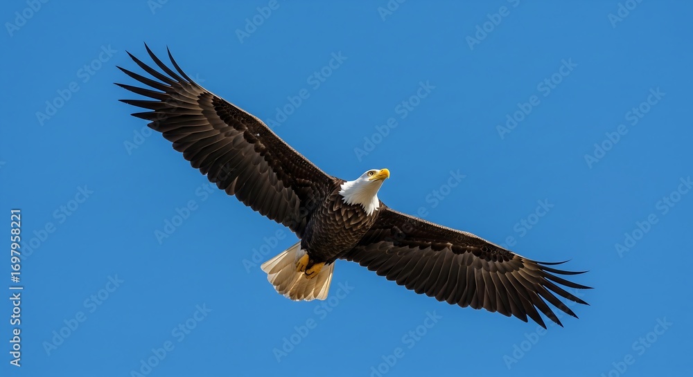 Naklejka premium Bald Eagle Soaring Sky A majestic bald eagle soaring in a clear blue sky embodying freedom and power