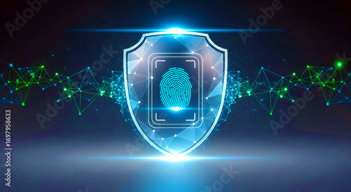 Cybersecurity fingerprint scanning inside a holographic shield, representing identity protection, insurance security, and fraud prevention