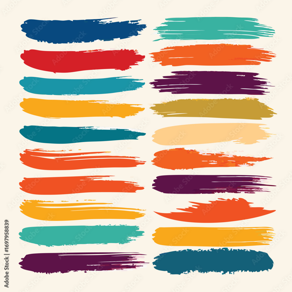 Obraz premium Vibrant collection of hand-painted brush strokes in various colors and textures, artistic design elements for creative projects.