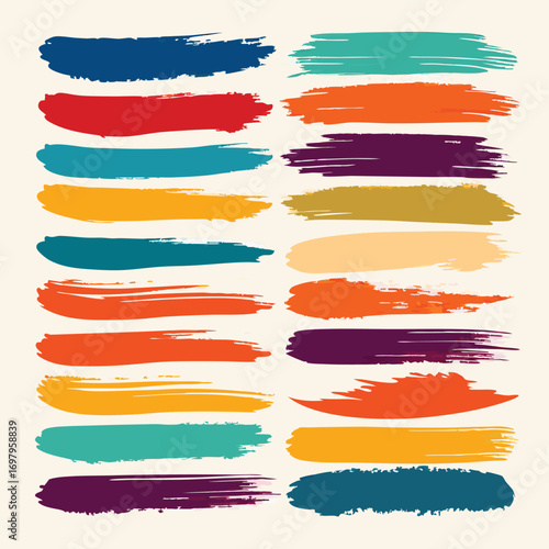 Vibrant collection of hand-painted brush strokes in various colors and textures, artistic design elements for creative projects.