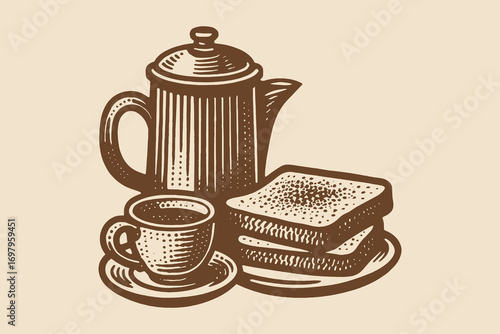 Coffee pot cup toast engraving vintage vector illustration