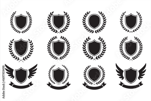 Set of shield badge and laurel wreath emblem icons isolated on white background, vintage heraldic symbols with wings and ribbons, outline vector illustration for award, logo and honor design