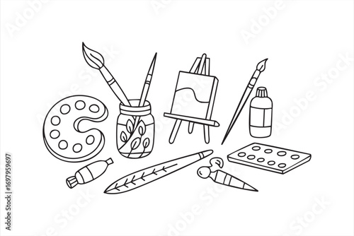 Vector Art Supplies Icon Set with Palette Brushes and Easel