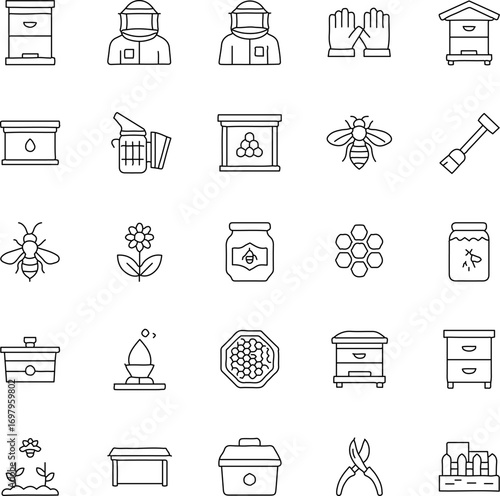 A comprehensive collection of vector icons illustrating the art and science of beekeeping, from apiaries to buzzing insects, honey extraction tools, and the golden nectar itself. 