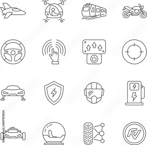 A collection of futuristic transport and technology icons, embodying innovation, progress, and the evolution of mobility. 